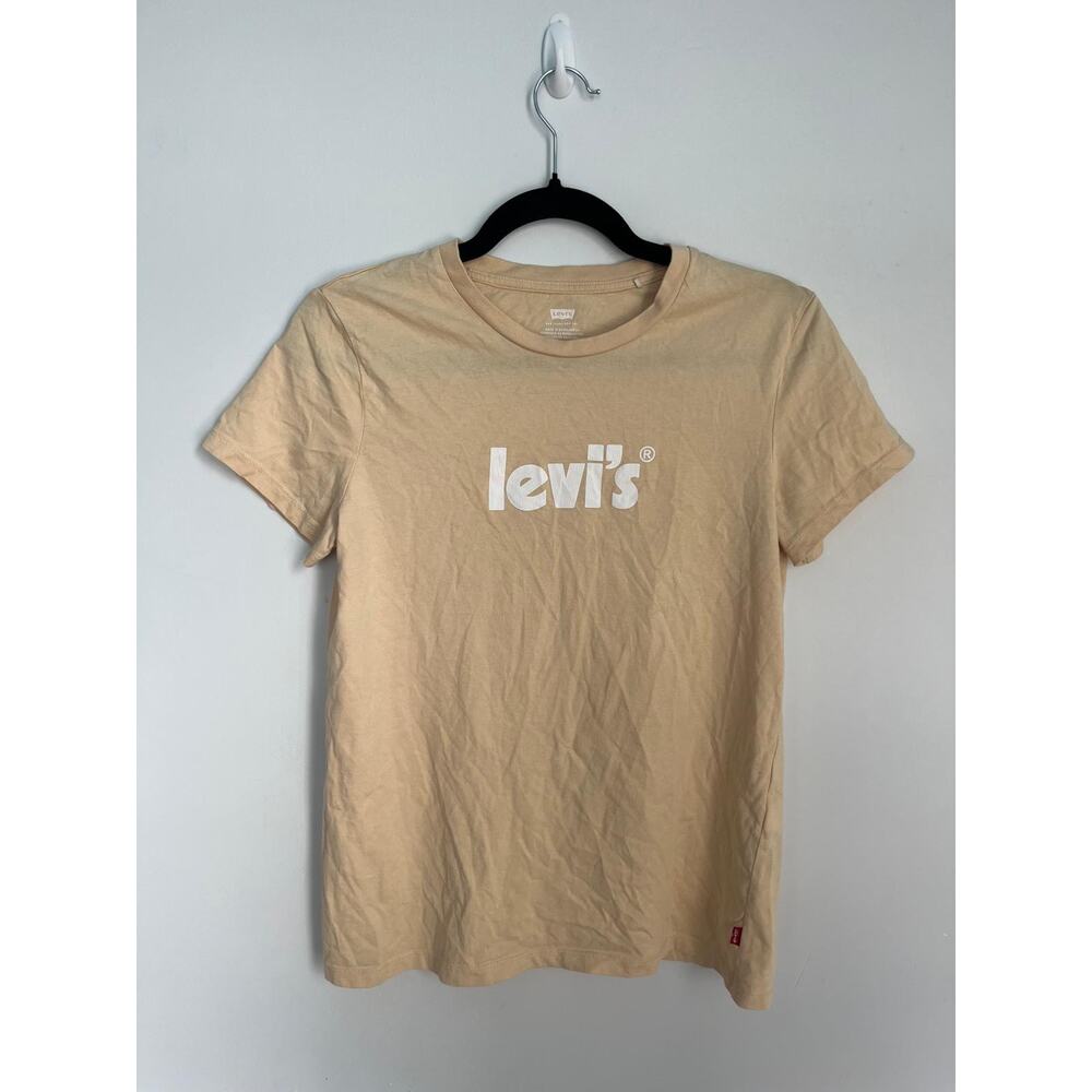 Levis Logo T Shirt Women Small Beige Short‎ Sleeve Crewneck Cotton Tee